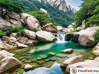 Nine Waters and Eighteen Ponds in Laoshan, clear streams and jade-like ponds.