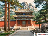 Taiqing Palace in Laoshan, ancient Taoist temple with red walls and towering trees.