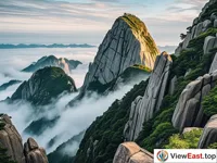 Luojia Mountain in Putuoshan, steep and misty, a challenge for mountaineers.