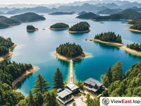 Tian Chi Island in Thousand Island Lake, with crystal-clear water surrounded by greenery, a paradise for relaxation.