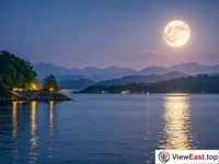 Moonlight Island in Thousand Island Lake, shimmering under the moonlight at night.