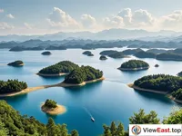 The central lake area of Thousand Island Lake, with its vast blue waves and scattered islands.