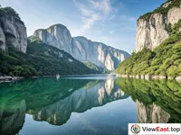 The calm surface of Yandang Mountain's Yan Lake, with mountains reflected in the water.