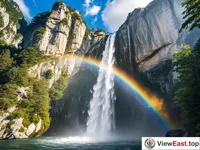 The splashing water mist of Yandang Mountain's Da Longqiu Waterfall forms a rainbow under the sunlight.