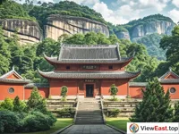 The ancient architecture of Wuyi Mountain's Wuyi Palace, with its red walls and green tiles set off by the green trees, exudes a sense of solemnity 