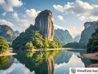The graceful figure of Wuyi Mountain's Yu Nu Peak, with the mountain's reflection seen on the surface of the Nine Bend Creek