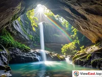 The waterfall at Wuyi Mountain's Shui Lian Dong, with a rainbow behind the water curtain adding a touch of brightness to the scenery 