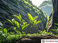 The ancient tea trees at Wuyi Mountain's Dahongpao Scenic Area, showing the lush green of tea leaves in the sunlight 