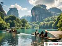 Bamboo rafts on Wuyi Mountain's Nine Bend Creek, where visitors experience the beauty of nature in the clear stream