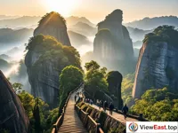 The sunrise moment at Wuyi Mountain's Tianyou Peak, with the mountain appearing mysterious in the morning mist