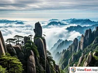 The misty summit of Yuding Peak in Sanqingshan, with layered mountain ranges