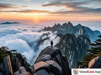 The sea of clouds and sunrise from the Bright Summit at Huangshan.