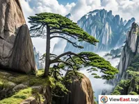 The iconic Guest-Greeting Pine of Huangshan welcomes visitors against the backdrop of the majestic Tiandu Peak.