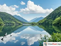 The tranquil lake surface at Tianhu Scenic Area at Tiantai Mountain.
