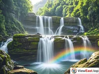 The stone beam waterfall and rainbow at Tiantai Mountain.