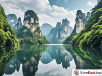 The tranquil lake surface of Baofeng Lake in Zhangjiajie. 