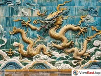 The intricate dragon carvings on the Nine Dragon Screen in the Forbidden City.
