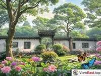 The blooming flowers and fluttering butterflies in the Yiyuan Garden of Suzhou's gardens.