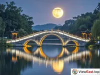 The moonlit reflection of the Twenty-Four Bridge at Slender West Lake in Yangzhou.