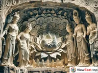 The flying celestial maidens around the lotus at the Lotus Cave in Longmen Grottoes in Luoyang 