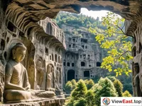The dappled light on the stone walls of the Binyang Three Caves at Longmen Grottoes in Luoyang 