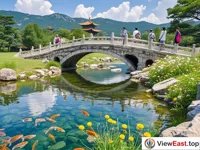The stone bridge at Chengde Mountain Resort, where the clear stream and wildflowers create a natural scene.