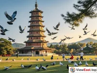 The ancient pagoda at Chengde Mountain Resort, where pigeons fly around and children play joyfully.