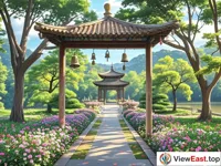 The tranquil path of Chengde Mountain Resort, adorned with blooming flowers and the melodious sound of wind chimes.