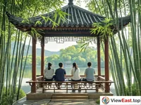 The bamboo forest of Chengde Mountain Resort, where the ancient pavilion and the tranquil bamboo grove offer a cool retreat.