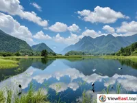 The tranquil lake surface of Shennongjia's Jiuhu reflects the harmony of nature in the surrounding mountains and clouds. 