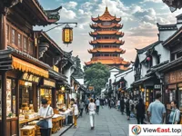 The ancient street under Wuhan Yellow Crane Tower, a blend of cuisine and history.