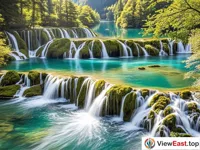 The waterfall cluster of Jiuzhaigou's Shuzheng Group Seas, a symphony of emerald waters and cascading waterfalls.