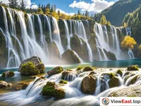 The spectacular sight of Jiuzhaigou's Nuorilang Falls, a natural wonder of cascading waters. 