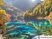 The colorful hues of Jiuzhaigou's Wuhua Sea, a palette of nature's own making.