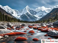 The vivid colors of Gongga Mountain's Red Stone Beach, a wonder of nature.