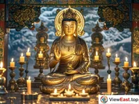 The sacred statue of the Avalokiteshvara in the Potala Palace's Saint Avalokitesvara Hall, the protector deity of the Tibetan people. 