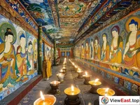 The murals and butter lamps in the Thousand Buddha Corridor of Jokhang Temple, a palace of religious art.