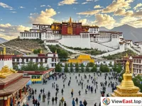 The broad view from the golden roof of Jokhang Temple, the heart of Lhasa.
