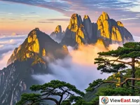 The golden silhouette of Lushan's Five Elders Peak under the setting sun.