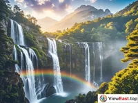 The early morning of Lushan's Three-tiered Spring, where sunlight and waterfalls interweave into a beautiful scene.