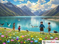 Summer Meadows at Ranwu Lake Wildflowers and Soaring Birds