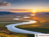 Meandering River at Bayanbulak's Dusk with Golden Reflections