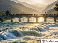 Sunlit Dujiangyan's Flying Sand Weir, Water Leaps