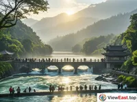 Dawn at Dujiangyan's Bottle Neck, Serene Flow