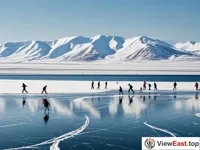 Winter Ice on Qinghai Lake with Snowy Mountains